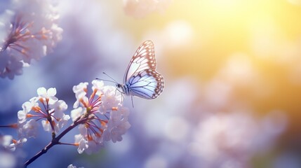 Beautiful flower buds with butterfly on a soft blurred background. Spring and summer in nature. Gentle romantic dreamy artistic image concept.
