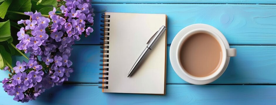 a blank notebook and coffee resting on a wooden table, against a teal background, accompanied by a purple flower in a vase, in a flat lay top view, resembling a mockup style.