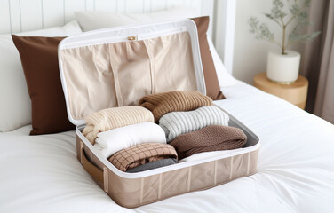 modern empty openned suitcase on white bed on white bedroom back