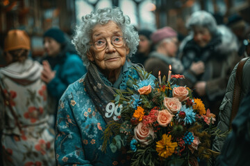 An elderly woman surrounded by family, holding a bouquet of flowers and a cake with the number "90" in candles. Celebration of a 90th birthday milestone. Generative Ai.