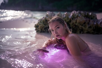 Paradise photography of a female model in the purple ocean, snakes around her, juxtaposition of light and shadow