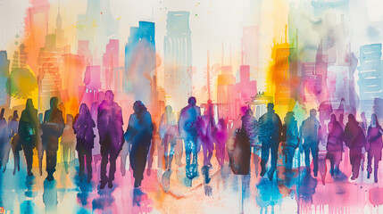 Urban Scene: Group of People Walking by Tall Buildings