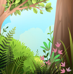 Summer or spring landscape background. Forest or park with trees grass and fern, colorful summertime scenery. Hand drawn illustration in watercolor style. Vector forest nature background. - 767389536