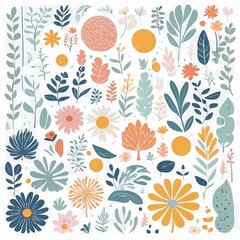 Fototapeta na wymiar A collection of seamless pattern, colorful abstract plants and flowers. Hand drawn Collection of leaves and flowers. A close up of a pattern of flowers and leaves. 