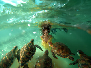 Underwater photography, female model in the green ocean, turtles around her - Powered by Adobe