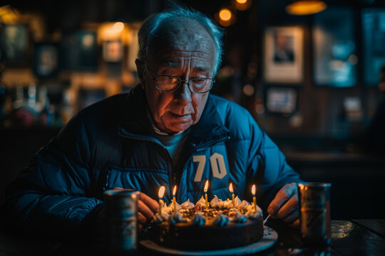 A man blowing out candles on a cake with the number "70" surrounded by photos from different stages of his life. Celebration of a milestone birthday. Generative Ai.