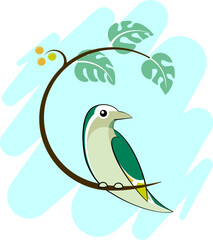 A small green bird sits on a c-shaped branch with leaves and yellow berries. Blue sky on the background. Minimalistic isolated vector illustration without background.