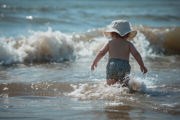 Child Enjoying First Encounter with Sea Waves