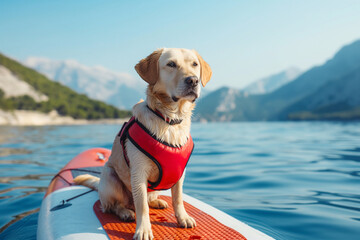 Labrador Retriever Enjoying Paddleboard Adventure