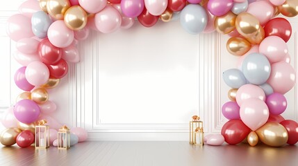 Fototapeta na wymiar Captivating mockup featuring a balloon arch in various shades, skillfully arranged and adorned with a ribbon, adding a festive touch to a white background.