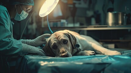 Veterinarian doctor and labrador retriever dog in operation room. Pet care concept