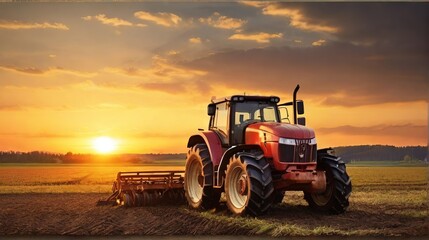 Modern tractor equipment plows an agricultural meadow on a farm in spring or autumn. A farmer cultivates the soil before planting plants, crops in the countryside.