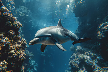 Fototapeta na wymiar A graceful dolphin swimming alongside a diver, forming a deep connection through mutual understanding and trust. Concept of symbiotic relationship and friendship. Generative Ai.