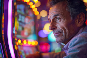 Fototapeta premium A close-up of a handsome middle-aged man at a casino, his face lit up with the thrill of the game as he plays at the slot machines. 