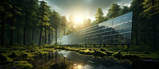 A large solar panel is placed in a forest next to a river, under the clear sky with sunlight shining on it. The landscape is beautiful with trees and plants surrounding the area - Powered by Adobe