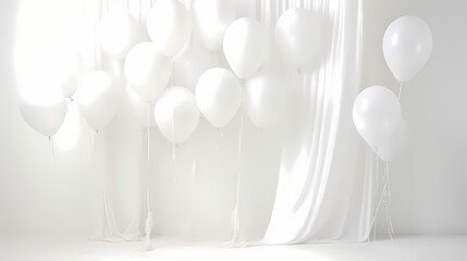 Breath-taking photo capturing the ethereal beauty of white balloons drifting on a clean white background, with a ribbon as a graceful accent.