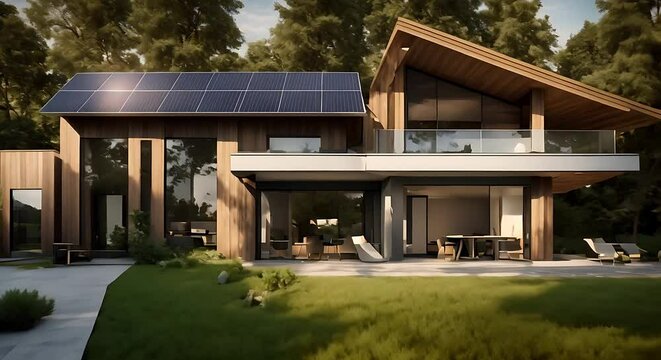 This video showcases a house with a solar panel installed on its roof. The solar panel is absorbing sunlight to generate renewable energy for the house