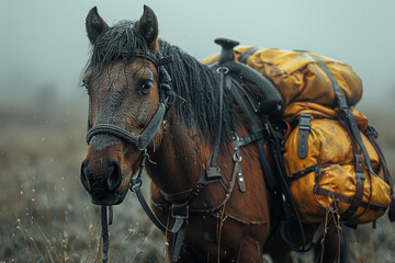 A loyal search and rescue horse braving rugged terrain to locate missing persons, guided by its keen senses and unwavering determination. Concept of dedication and companionship. Generative Ai. - obrazy, fototapety, plakaty
