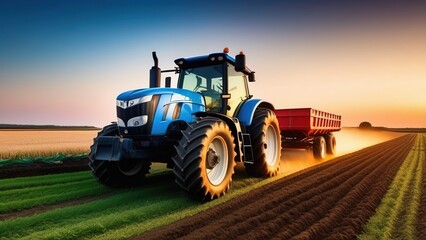 Modern tractor equipment plows an agricultural meadow on a farm in spring or autumn. A farmer harvests his crops in the fall. - obrazy, fototapety, plakaty