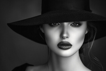 A woman wearing a black hat and lipstick
