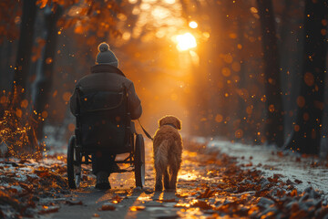 A loyal service dog assisting its owner with mobility challenges, providing invaluable aid and companionship. Concept of independence and assistance. Generative Ai. - obrazy, fototapety, plakaty
