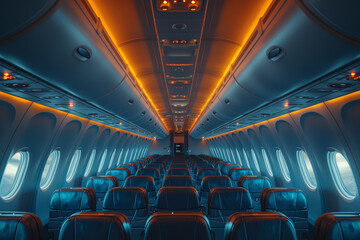 Passengers seated comfortably in the airplane cabin, ready to embark on their journey to distant lands. Concept of exploration and discovery. Generative Ai.