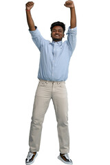 Fototapeta premium A man in a blue shirt, on a green background, in full height, shakes his hands over himself