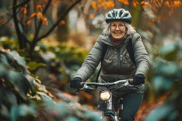 Elderly woman with glasses and helmet cycling through a park with autumn foliage