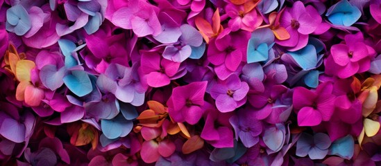 A close up of a vibrant assortment of flowers showcasing shades of purple, pink, magenta, and electric blue. The groundcover is made up of annual plants with delicate petals