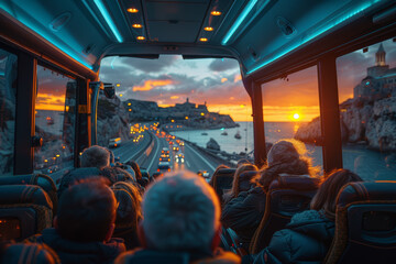 Passengers settling into their seats on the tour bus, eager to begin their sightseeing adventure. Concept of exploration and sightseeing. Generative Ai. - obrazy, fototapety, plakaty