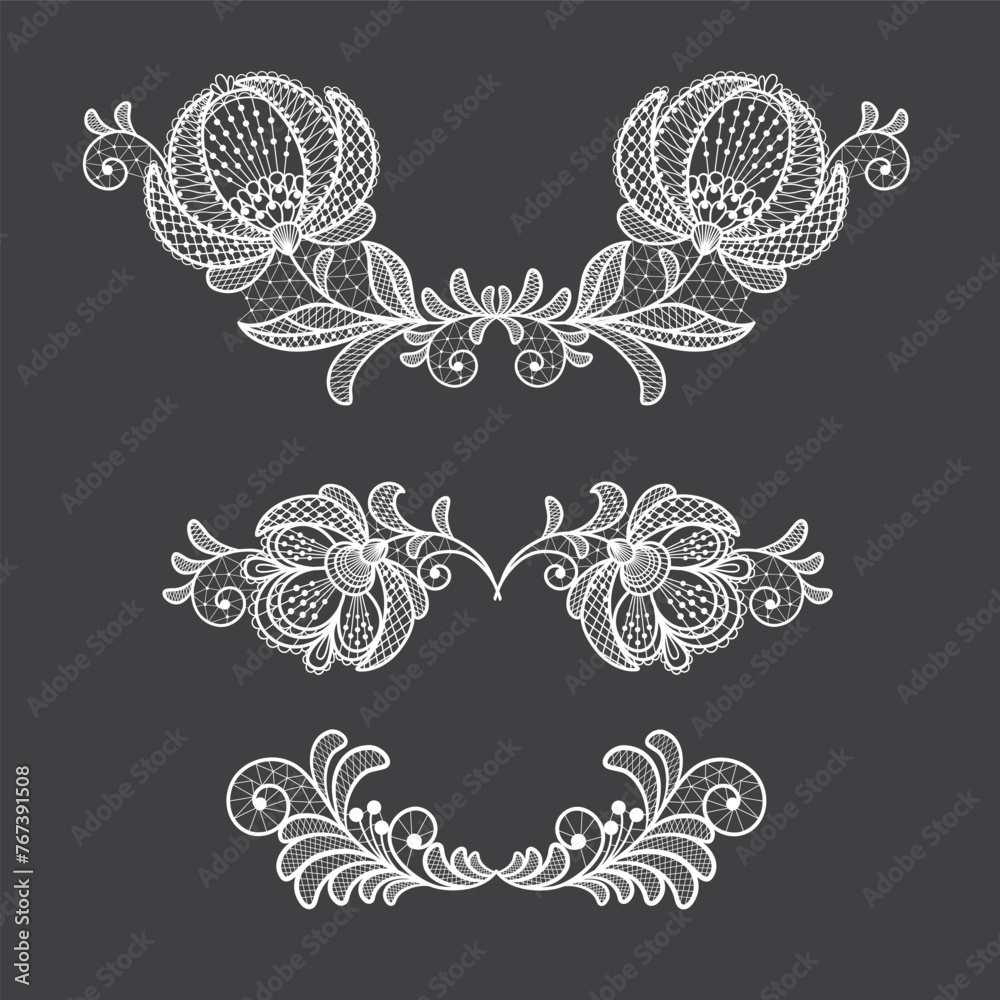 Wall mural Set of lace decoration element.White lace flowers.Vector handmade white lace branches with flowers.