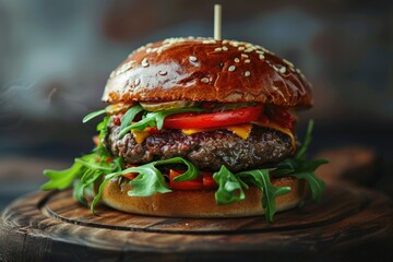 A delicious gourmet burger with a juicy beef patty topped with crisp lettuce, ripe tomato, and melted cheese on a sesame seed bun