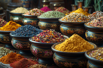 A curated selection of exotic spices displayed in ornate bowls, creating a visual feast for spice...