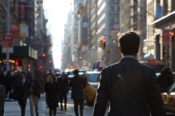 A confident businessman in a sleek suit is walking gracefully down the bustling street, exuding...