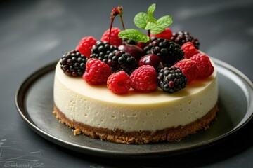 A luscious cheesecake sits elegantly on a plate, adorned with vibrant berries and fragrant mint leaves, ready to be enjoyed