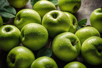 Green apple ai generated. Apples with leaves on dark background. Green apple top view background with leaves. Generative AI.
