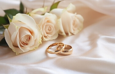 Two golden wedding rings on napkin with rose, candle decor. Wedd