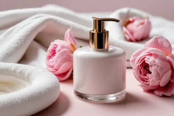 Obraz na płótnie Canvas pink rose and bottle of perfume