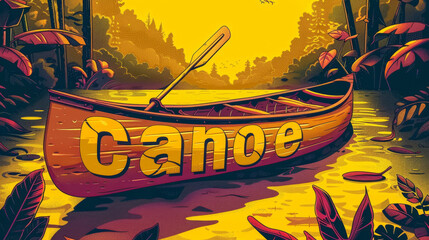 The image shows a vibrant background with the word "canoe" in bold letters. It exudes a sense of adventure and nature.