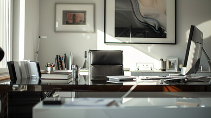 Contemporary home office with sleek desk and modern art.