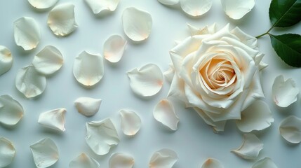 White Rose and Petals on White Background - Ideal for Greeting Cards for Wedding, Birthday, Valentine's Day, Mother's Day - Beautiful