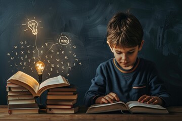 A young boy with dyslexia sits at a table, fully engrossed in reading a book aimed at his educational needs, showing determination and focus - obrazy, fototapety, plakaty