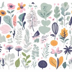 A collection of seamless pattern, colorful abstract plants and flowers. Hand drawn Collection of leaves and flowers. A close up of a pattern of flowers and leaves.
