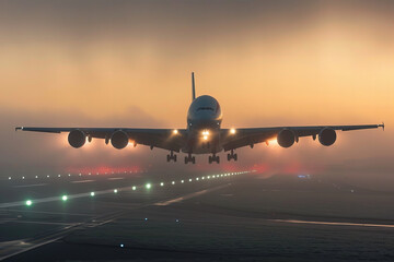 Majestic Jumbo Jet Gliding Through Misty Sunrise on Runway - Aviation Banner - obrazy, fototapety, plakaty