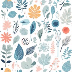 Fototapeta premium A collection of seamless pattern, colorful abstract plants and flowers. Hand drawn Collection of leaves and flowers. A close up of a pattern of flowers and leaves. 