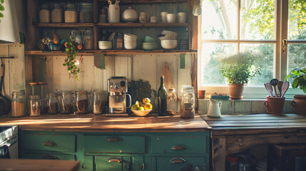 Cozy and rustic kitchen interior featuring natural wood and vintage accessories. - obrazy, fototapety, plakaty