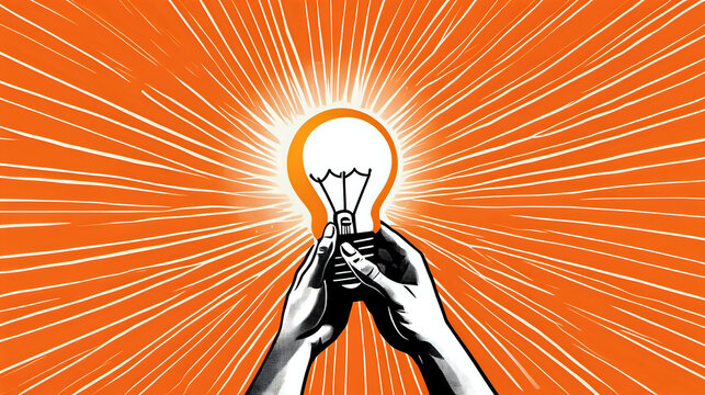 Two hands are holding a glowing light bulb against a radiant orange background with white streaks emanating outward, symbolizing a bright idea or inspiration