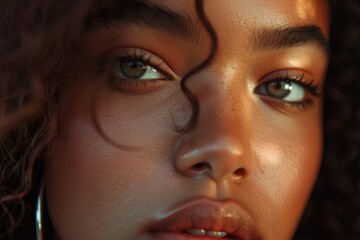 A detailed shot of a model showcasing expressive beauty, focusing on her captivating blue eyes
