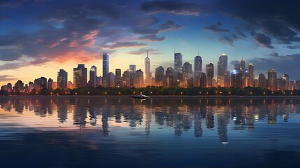 Naklejka premium Boston skyline at sunset with reflection in water, Massachusetts, USA.