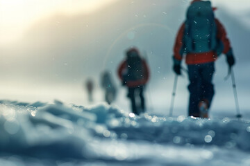 Fototapeta na wymiar Snowy Mountain Trek: Adventurers Embrace Winters Serene Beauty - Inspiration Banner